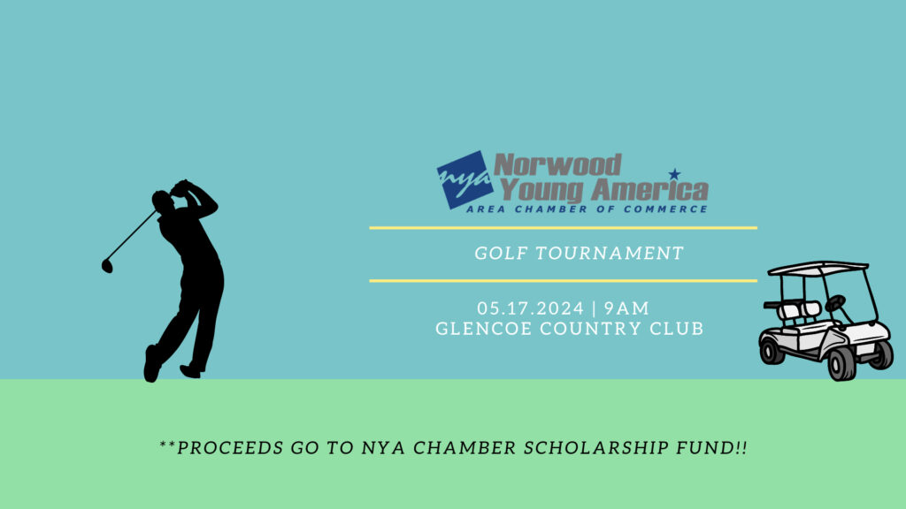 NYA area chamber golf tournament banner with text reading 18 hole 4 person scramble May 19 2023 proceeds go towards scholarships