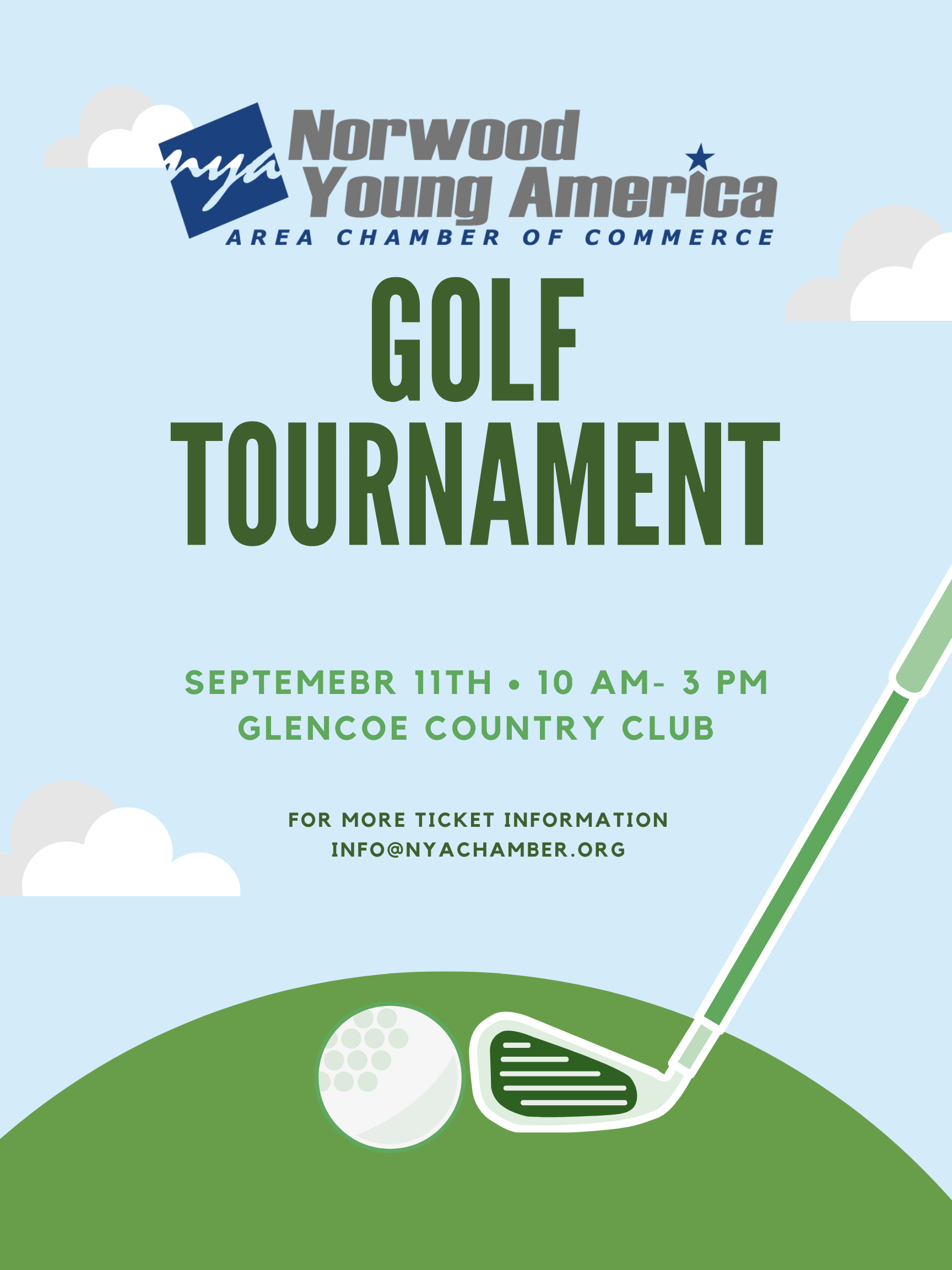 Skyblue and Green Illustration Golf Poster (1) NYA area chamber golf tournament banner with text reading 18 hole 4 person scramble May 19 2023 proceeds go towards scholarships
